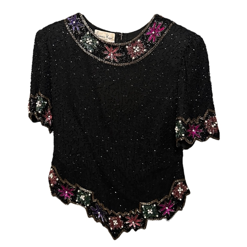 Vintage Laurence Kazar 80s Blouse Size Petite Large Silk Sequin Beaded Accents